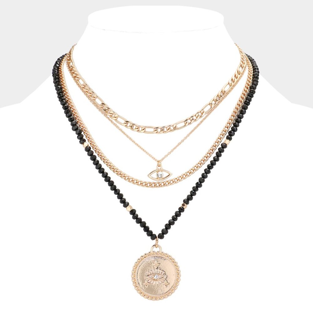 Stone Embellished Evil Eye Pendant Multi Layered Bib Necklace